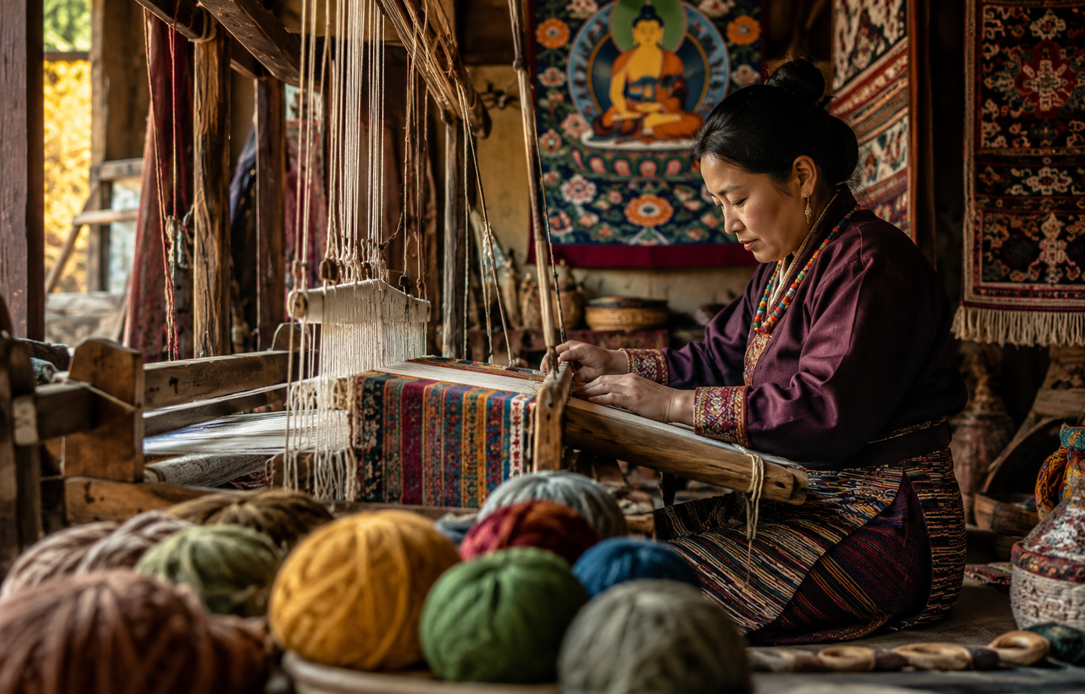 Artisan weaving a traditional handwoven textile in a Sikkim handicraft workshop.