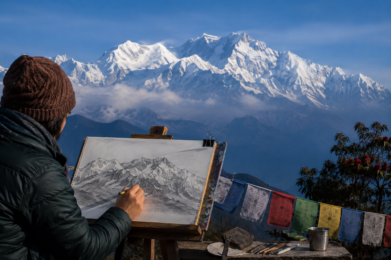 Artist sketching the majestic peaks of Mount Kanchenjunga in Sikkim.