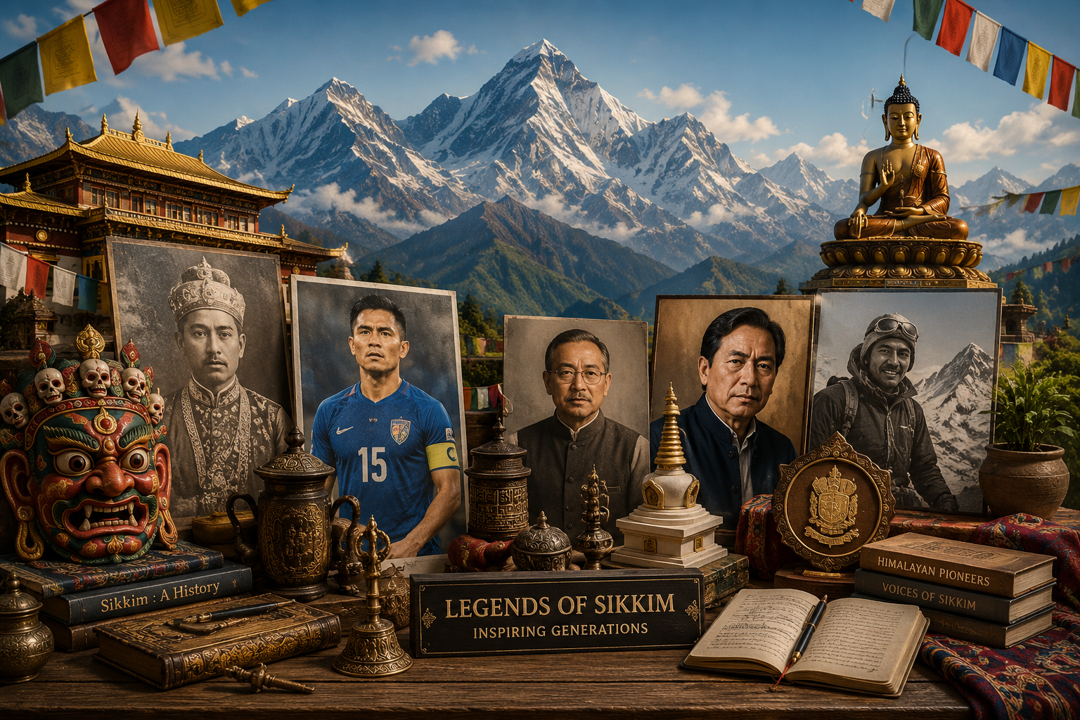 Scenic layout of cultural artifacts representing famous personalities in Sikkim.