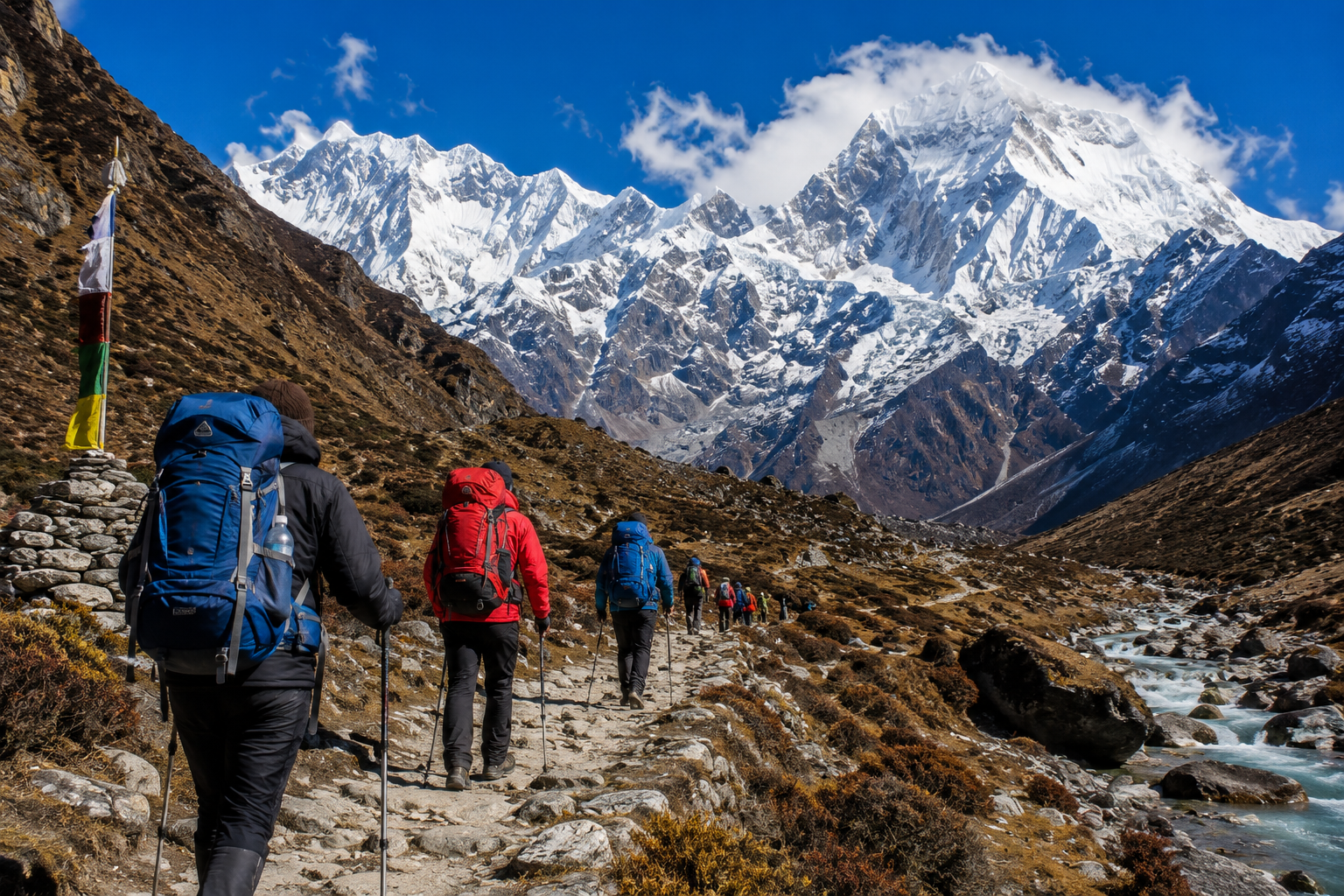 Trekkers exploring the scenic trail towards Kanchenjunga Base Camp.